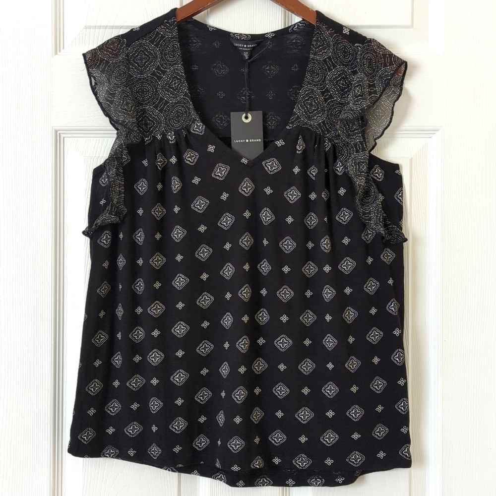 Lucky Brand Bohemian Printed Flutter Cap Sleeve Relaxed V-neck Blouse Black S